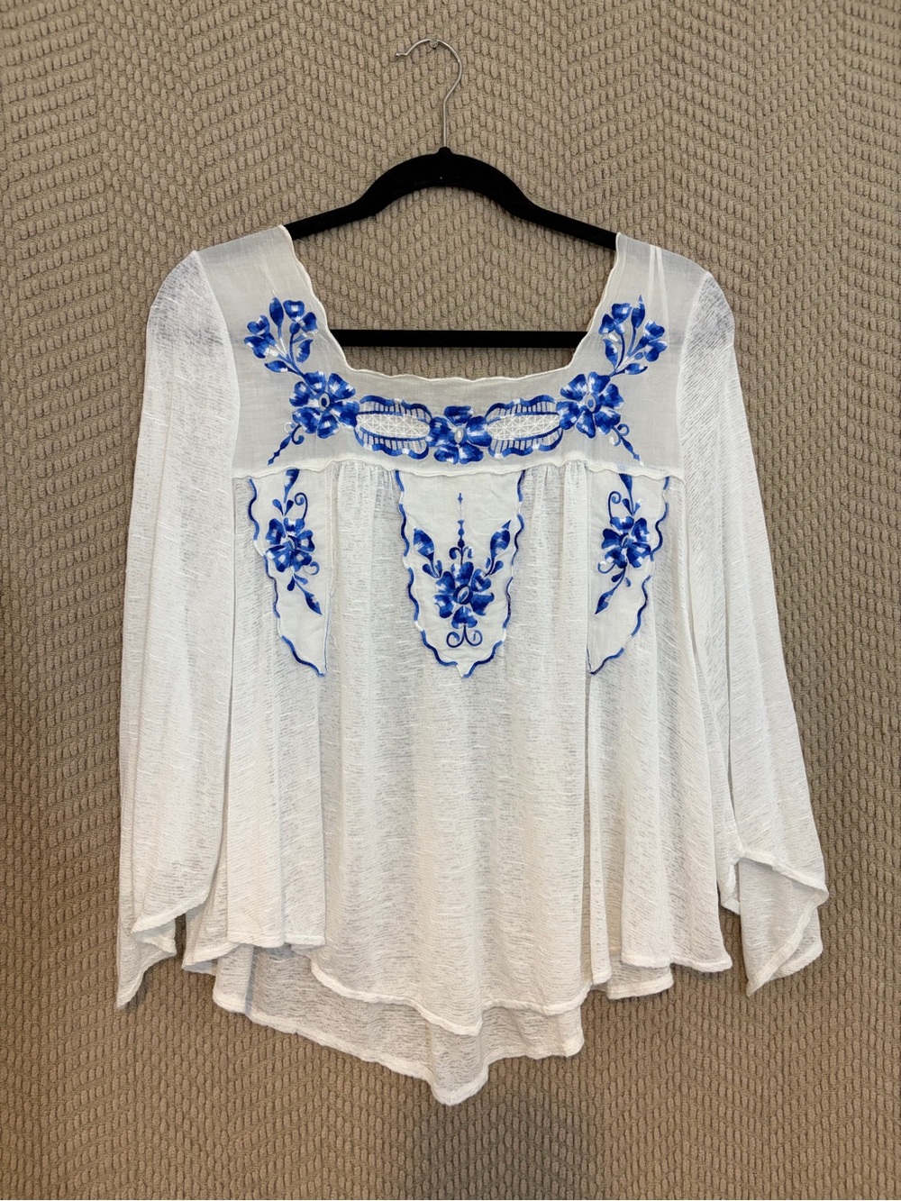 Free People White/Blue Floral Embroidered Square Neck Pullover 3/4 Sleeve XS